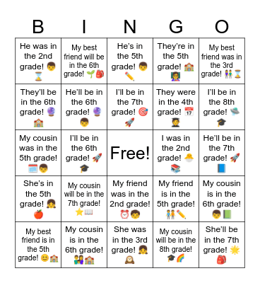 B12 L1 I'm in the 5th grade Bingo Card