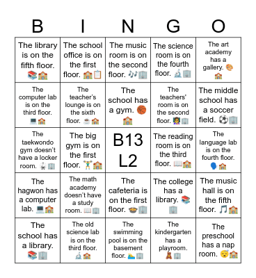 B13 L2 The music hall is on the fifth floor. 🎵🏫 Bingo Card