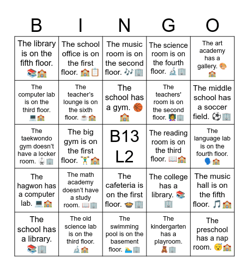 B13 L2 The music hall is on the fifth floor. 🎵🏫 Bingo Card