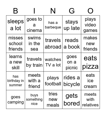 Summer holidays. Find someone who Bingo Card