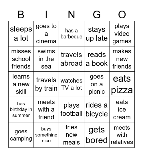 Summer holidays. Find someone who Bingo Card