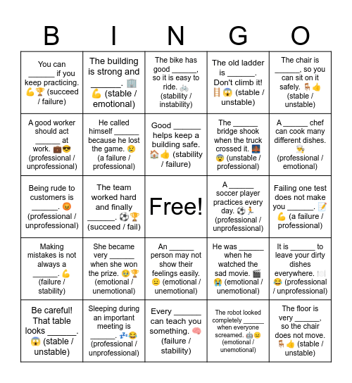 D2 L1 Fill in the blanks Bingo Card
