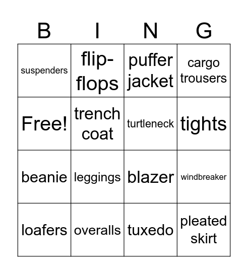 Clothing Bingo Card