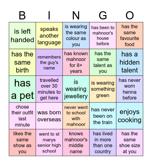 mahnoor's bridal shower bingo Card