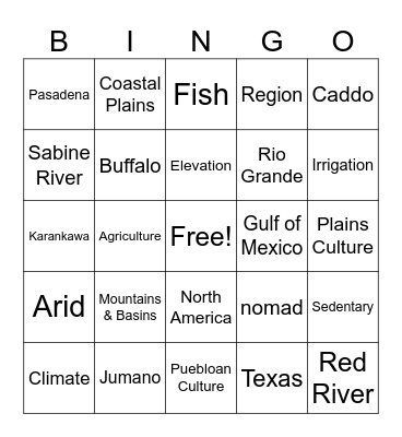 Regions & Natives of Texas Bingo Card