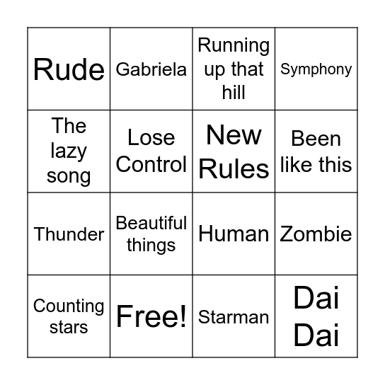 Musical Bingo - 5th Grade List Bingo Card
