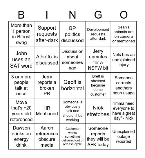 Bifrost Standup Bingo Card