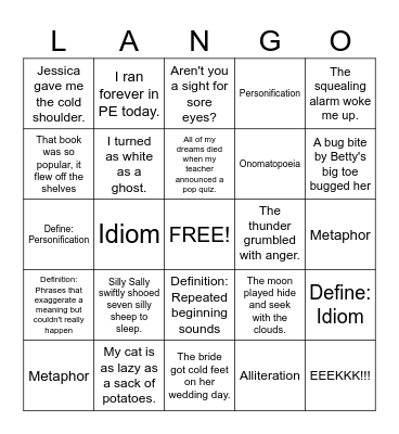 ELA: Figurative Language Review Bingo Card