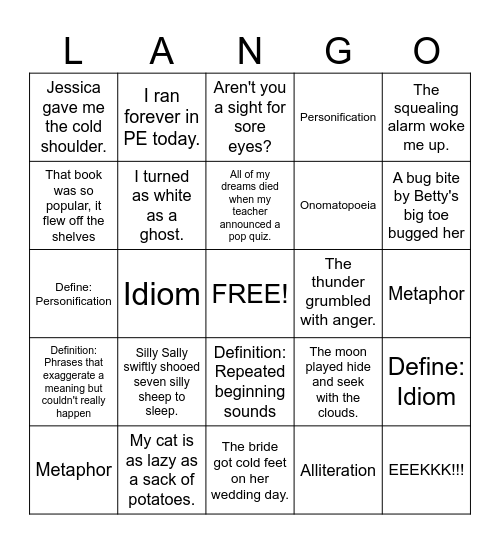 ELA: Figurative Language Review Bingo Card