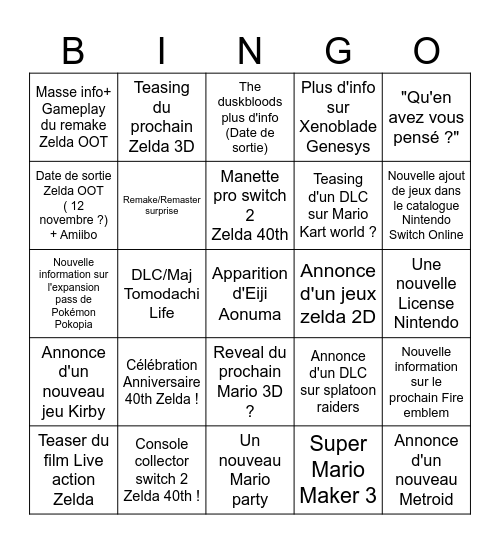 Nintendo direct ! Bingo Card