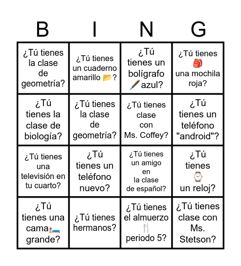 ¿Tú tienes...?        Yo tengo... Bingo Card