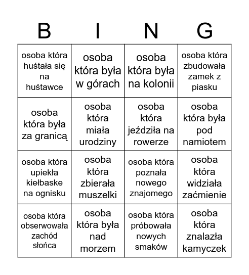 WAKACYJNE BINGO Card