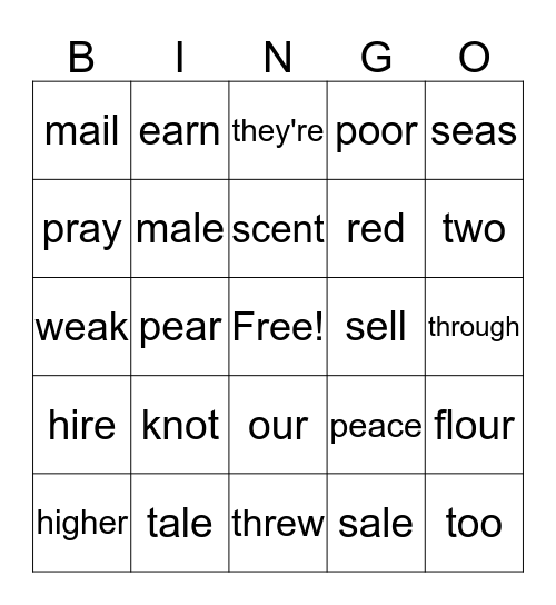 Homonyms Bingo Card