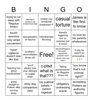 SIRIUS' ABUSE IN FICS Bingo Card