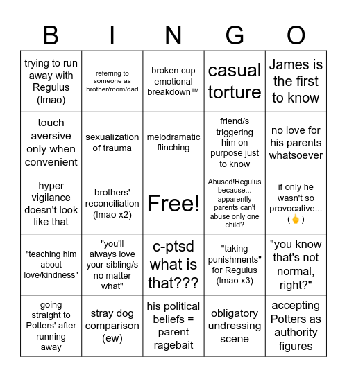 SIRIUS' ABUSE IN FICS Bingo Card