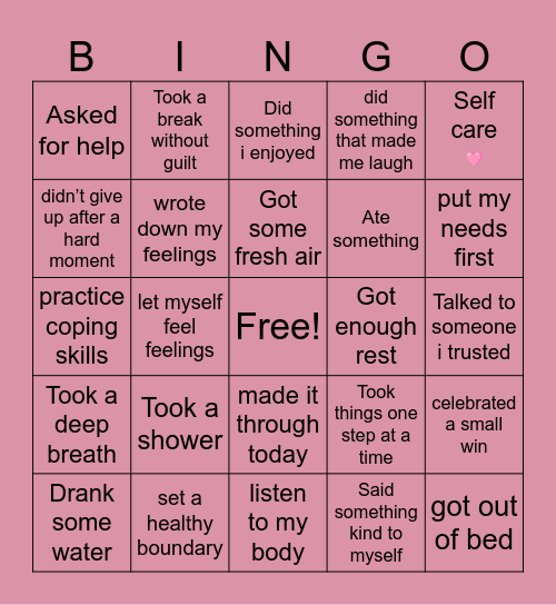 Recovery Bingo Card