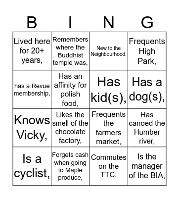 Roncy Neighbour Bingo Card