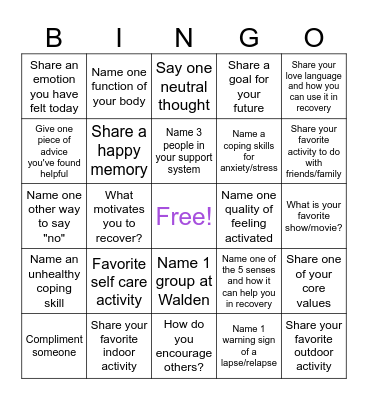 Relapse Prevention Bingo Card