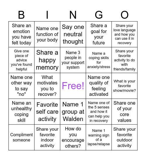 Relapse Prevention Bingo Card