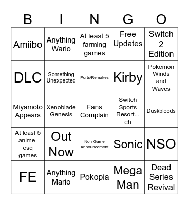 Nintendo Direct 9/9/2026 Bingo Card