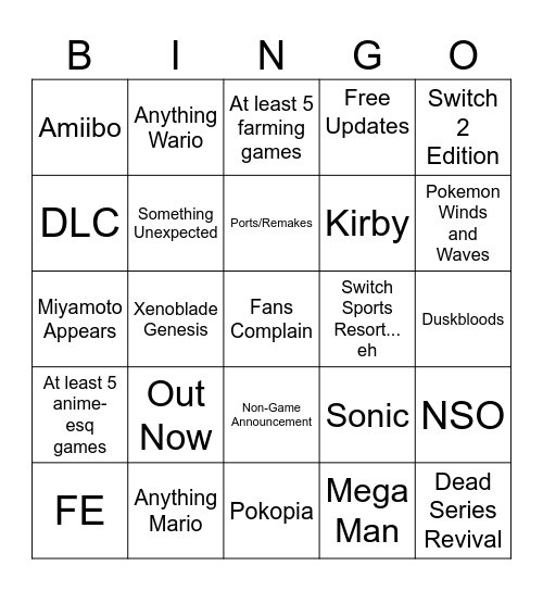 Nintendo Direct 9/9/2026 Bingo Card
