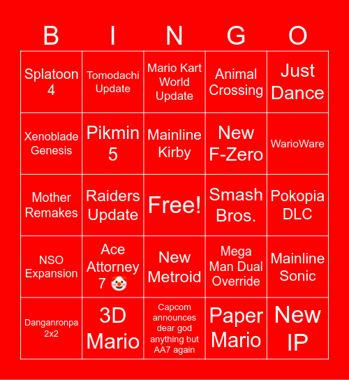 Nintedo Direct 9.9.2026 Bingo Card