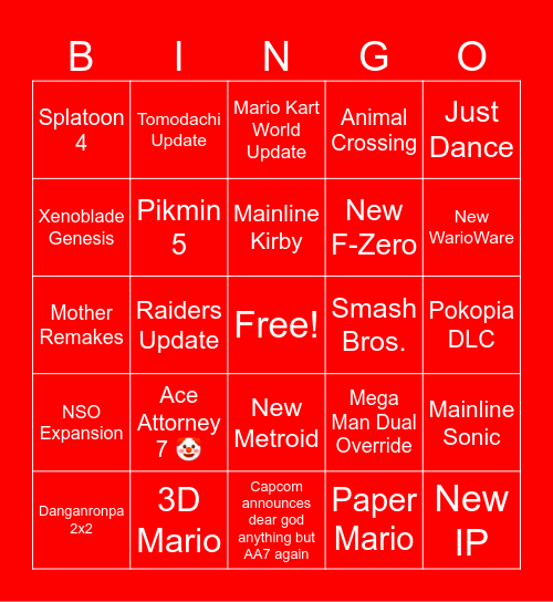 Nintedo Direct 9.9.2026 Bingo Card