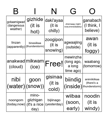 Anishinaabe Weather Bingo Card