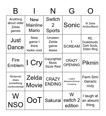 Nintendo Direct Bingo Card