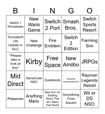 Nintendo Direct 9/9 Bingo Card