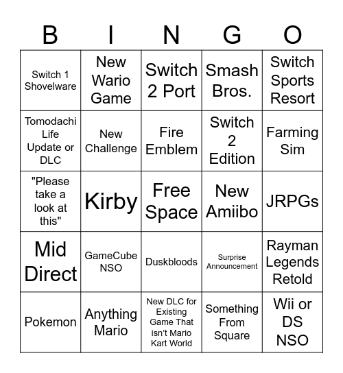 Nintendo Direct 9/9 Bingo Card