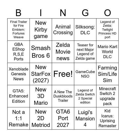 Zelda 40th + General Direct Bingo Card