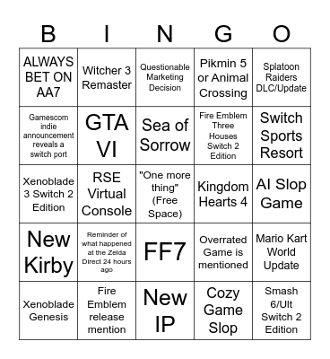 Nintendo Direct Bingo Card