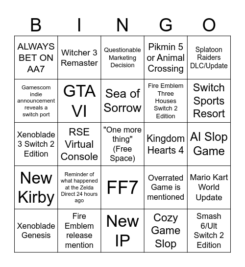 Nintendo Direct Bingo Card