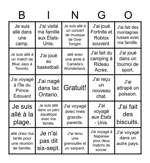 Pendant l'été.... Bingo Card