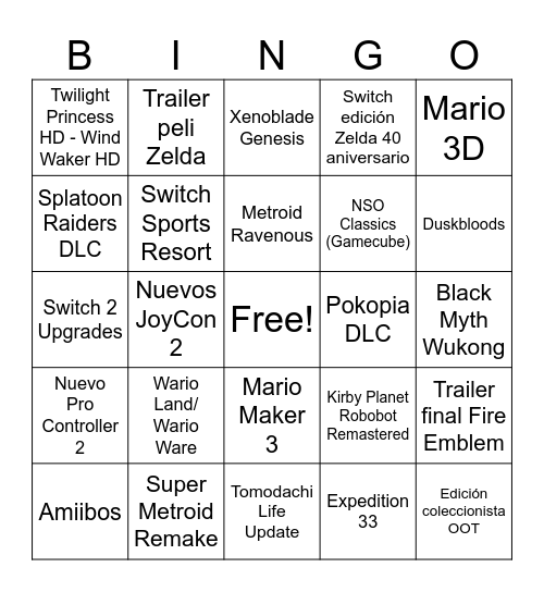 Nintendo Direct(S) Bingo Card