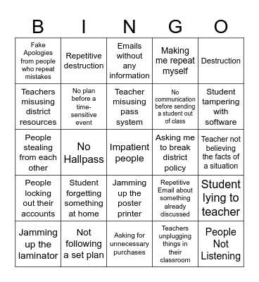 Pet Peeve Bingo Card