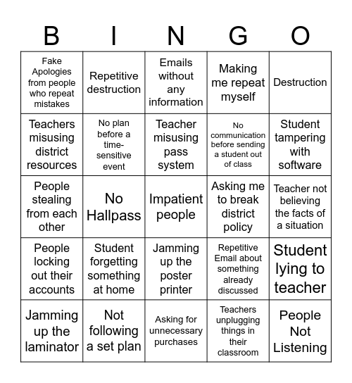 Pet Peeve Bingo Card
