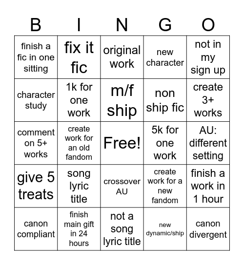 Extreme Timed Challenge Bingo Card