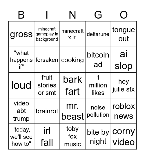 YouTube bingo Card
