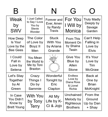 Love Songs Bingo Card
