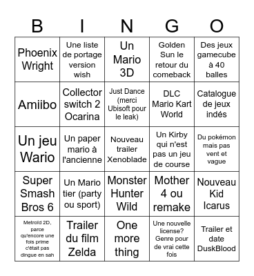 Nintendo Direct Bingo Card