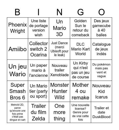Nintendo Direct Bingo Card