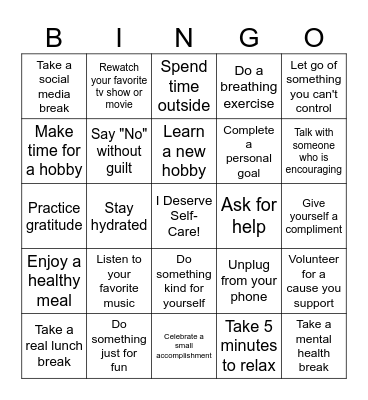 Fill Your Cup Self-Care Bingo Card