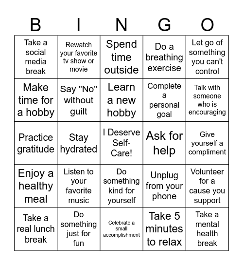 Fill Your Cup Self-Care Bingo Card