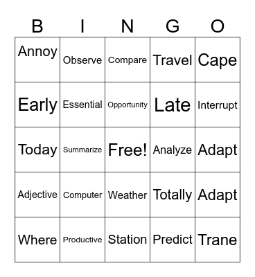 Comprehension Bingo Card
