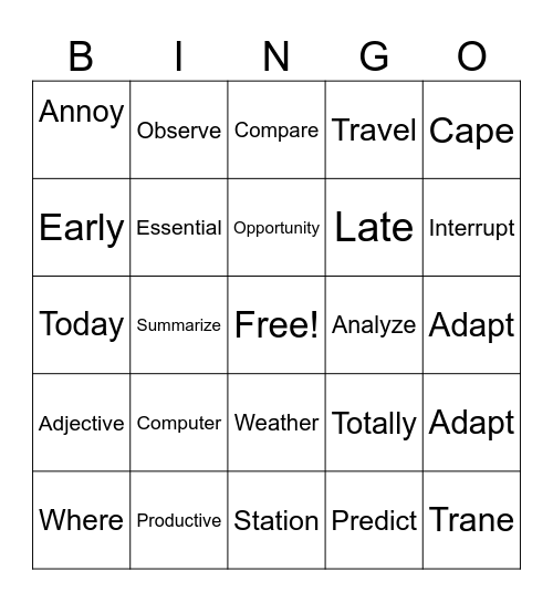 Comprehension Bingo Card