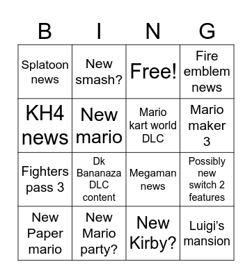 Nintendo Direct Predictions Bingo Card