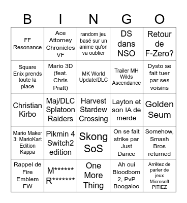 Nintendo Direct 09/09/26 Bingo Card