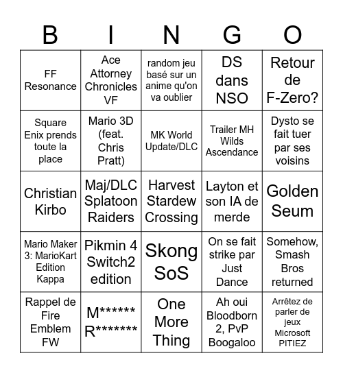 Nintendo Direct 09/09/26 Bingo Card